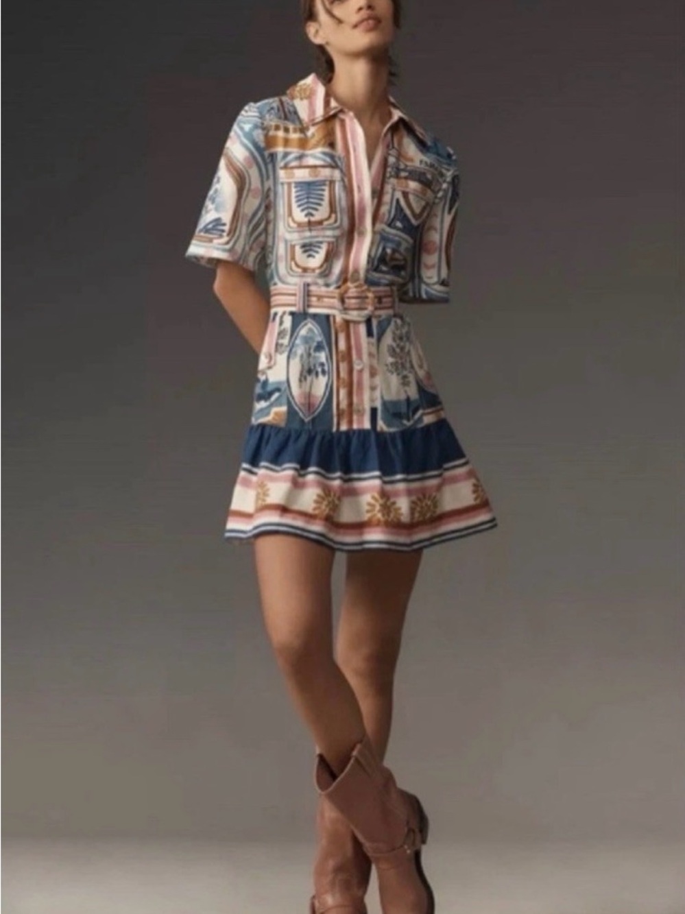 FARM Rio Cream, Blue, Pink & Tan Printed Mini Shirtdress with Belt